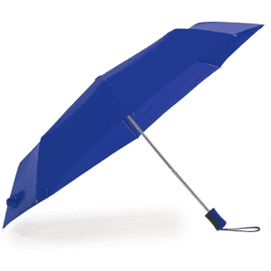 A blue umbrella with a silver retractable frame and a plastic handle. It also features a logo.