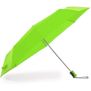 A bright green umbrella with a silver handle, featuring a sleek design and a branded logo.