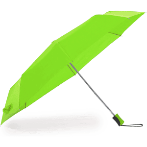 A bright green umbrella with a silver handle and a logo, designed for leisure and outdoor use.