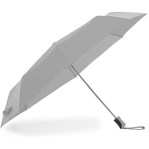 A grey umbrella with a silver handle, featuring a logo, designed for leisure and outdoor use.