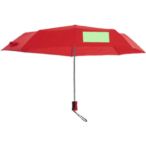 A red umbrella with a green panel and a handle, featuring a logo. Ideal for leisure and outdoor use.
