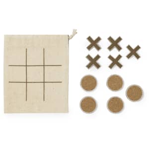 A cotton drawstring bag with a tic-tac-toe grid, wooden Xs, and cork O pieces in natural tones.