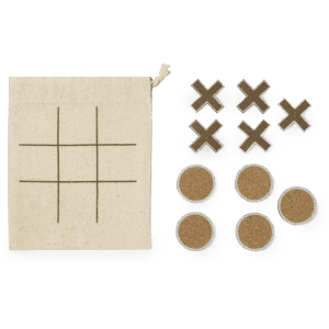 A game set featuring a drawstring bag, nine cork tokens in two designs, and a grid for Tic Tac Toe.