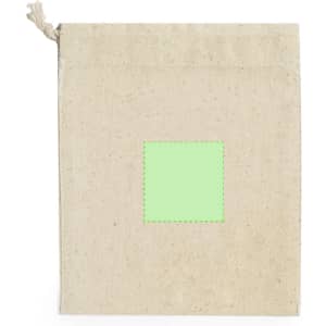 A natural-coloured fabric bag with a green square patch in the centre and a drawstring closure.