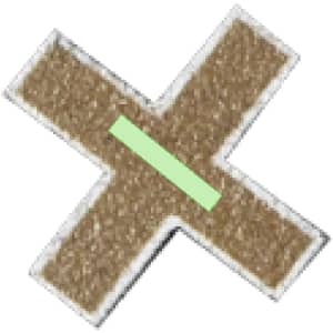 A textured brown game piece in the shape of a cross with a green stripe across it.