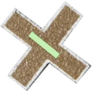 A tan cross-shaped game piece with a green strip across the centre, featuring a textured surface.