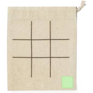 A natural canvas bag featuring a tic-tac-toe grid design in brown with a green square on the bottom right.