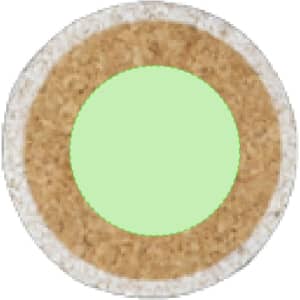 A circular game board featuring a green centre and a textured brown and white border.