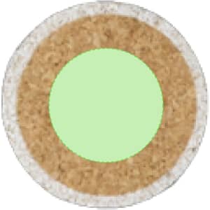 A circular game board featuring a light green centre and a textured brown outer ring. Includes a logo.