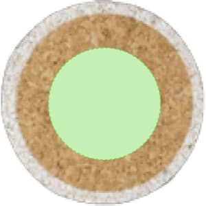 A round game piece with a light green centre and a natural cork outer ring, featuring a textured surface and a logo.