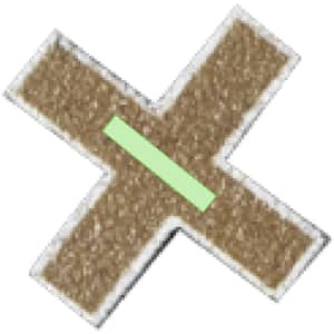 A textured brown cross shape with a light green horizontal bar across its centre, featuring a white outline.