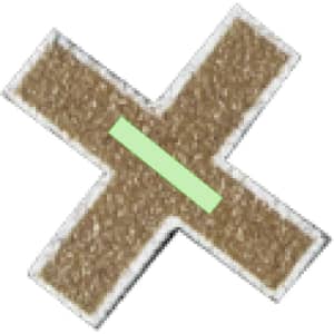 A textured brown game piece shaped like a cross, featuring a light green line across its centre.