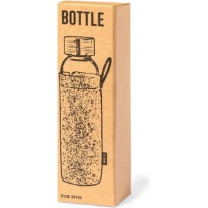 A drink bottle in a natural cork sleeve, packaged in a simple cardboard box with a logo.