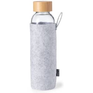 A drink bottle with a clear glass body, a wooden lid, and a grey felt cover. It features a carrying loop.