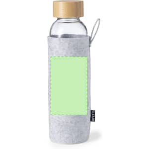 A drink bottle with a clear glass body, a bamboo lid, and a grey felt sleeve. Suitable for promotional use.