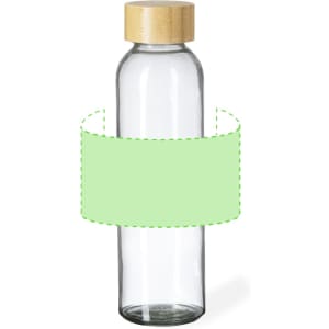 A drink bottle with a clear glass body, wooden lid, and a green label wrapped around it.