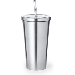 A drink bottle with a sleek, silver design, featuring a straw and a metal lid, ideal for travel.