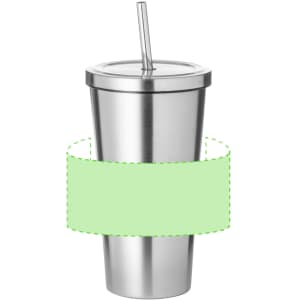 A drink bottle with a stainless steel finish, featuring a straw and a blank green band around the middle.