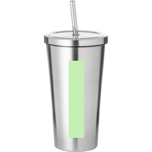 A stainless steel travel mug with a mint green insert and a straw. It features a lid and has a logo.
