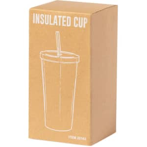 A drink bottle in a cardboard box, featuring an insulated cup design with a straw, showcased in a minimalist style.