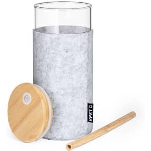 A drink bottle featuring a clear glass body, grey felt sleeve, bamboo lid, and a bamboo straw.