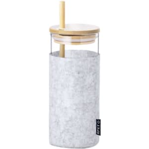 A drink bottle with a transparent body, grey felt sleeve, bamboo lid, and a straw, featuring a logo.
