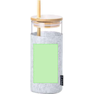 A drink bottle with a clear glass body, bamboo lid, and a grey felt sleeve, featuring a straw and a blank panel.