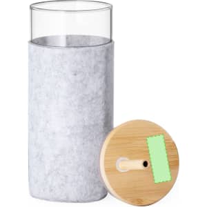 A drink bottle with a grey felt sleeve and bamboo lid, featuring a clear inner cup.