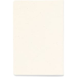 A cream-coloured notebook with a speckled texture and a plain cover. It features a logo on the front.