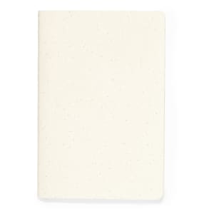 A cream-coloured notebook with a speckled texture and a logo on the cover.