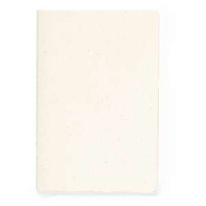 A cream-coloured notebook with a textured cover, featuring a logo on the front.