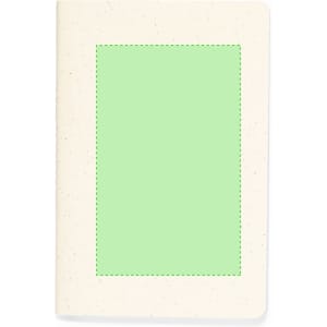 A cream notebook with a green panel and decorative stitching. It features a logo on the cover.