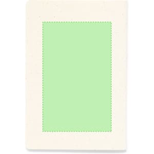 A green notebook with a cream cover, featuring a framed section. The notebook has a logo on the front.