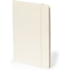 A notepad in a cream colour with a textured cover and an elastic band closure. It has a logo on the front.