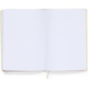 A notepad with blank, white pages and a beige cover, featuring a ribbon bookmark and an interior logo.