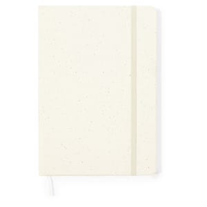 A cream-coloured notepad with a textured cover, featuring a closure band and a ribbon bookmark.