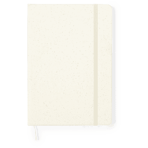A cream-coloured notepad with a textured cover and an elastic band closure. It features a simple design and has a branding logo.