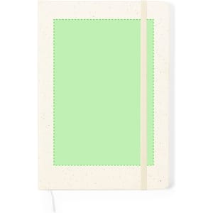 A notepad with a speckled cream cover and a vibrant green section, featuring an elastic band to keep it closed.