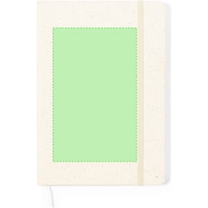 A notepad with a speckled cream cover and a green insert, featuring a band closure and ribbon marker.