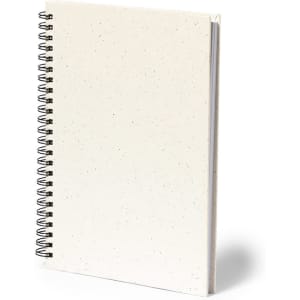 A spiral-bound notebook with a speckled white cover and a metallic spiral spine.