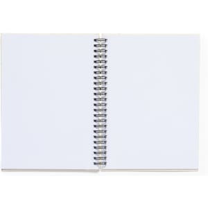 A spiral-bound notebook with plain white pages, featuring a silver spiral binding.