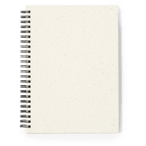 A spiral-bound notebook with a speckled off-white cover and black spiral binding.