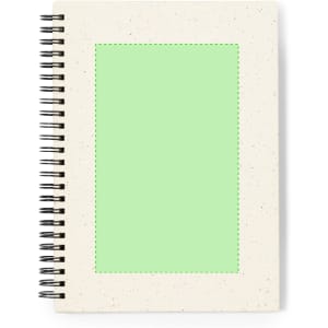 A spiral-bound notebook with a cream coloured cover and a light green blank section. It features a logo on the cover.