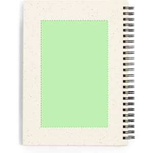 A spiral-bound notebook with a speckled cream cover and a green blank space in the centre. It features a logo on the front.