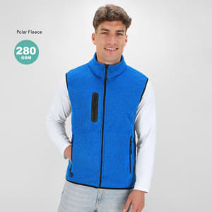 A blue polar fleece vest with a high collar and front zip, featuring a black zip pocket and branding.