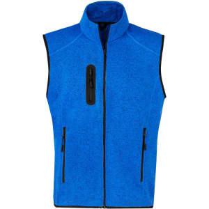 A blue vest with a high collar and zippered pockets, featuring a logo on the front.