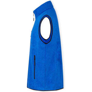 A bright blue vest with sleeveless design, featuring front pockets and a zip closure. Includes branding.