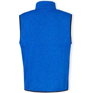A blue vest with a high collar, featuring a textured pattern and a contrasting border. Includes a logo on the back.