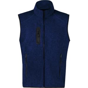 A navy blue vest with a high collar, featuring a front zip and two side pockets, plus a zippered chest pocket.