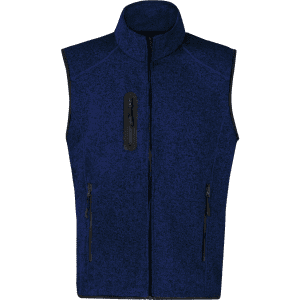 A navy blue vest with a high collar, featuring a zippered front and two side pockets. It has a logo on the chest.